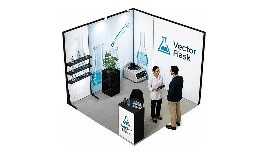 Stoisko 3 × 3 m narożne lewe dla branży sprzęt laboratoryjny, przykładowa marka Vector Flask