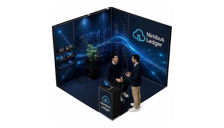Stoisko 3 × 3 m narożne lewe dla branży płatności online, przykładowa marka Nimbus Ledger