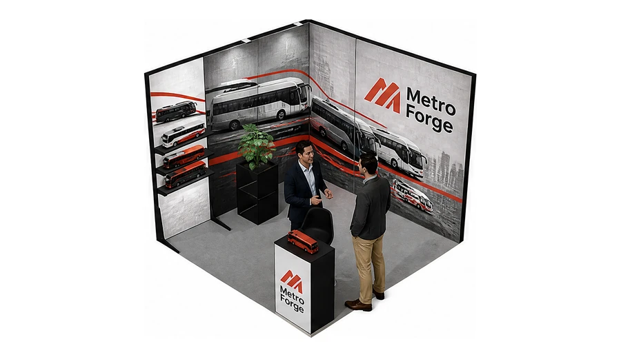 Stoisko 3 × 3 m narożne lewe dla branży autobusy i transport zbiorowy, przykładowa marka Metro Forge