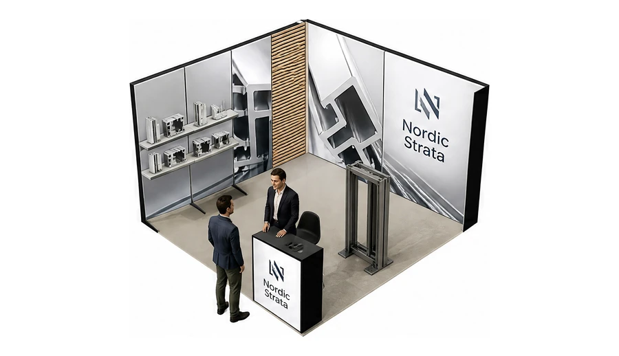 Stoisko 4 × 4 m narożne lewe dla branży profile aluminiowe, przykładowa marka Nordic Strata