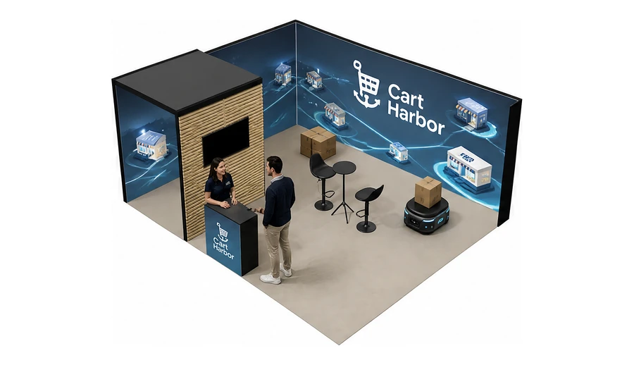 Stoisko 6 × 5 m narożne lewe dla branży e-commerce, przykładowa marka Cart Harbor