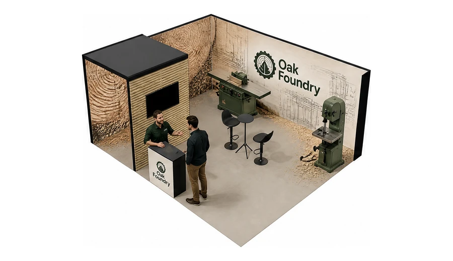 Stoisko 6 × 5 m narożne lewe dla branży maszyny do obróbki drewna, przykładowa marka Oak Foundry