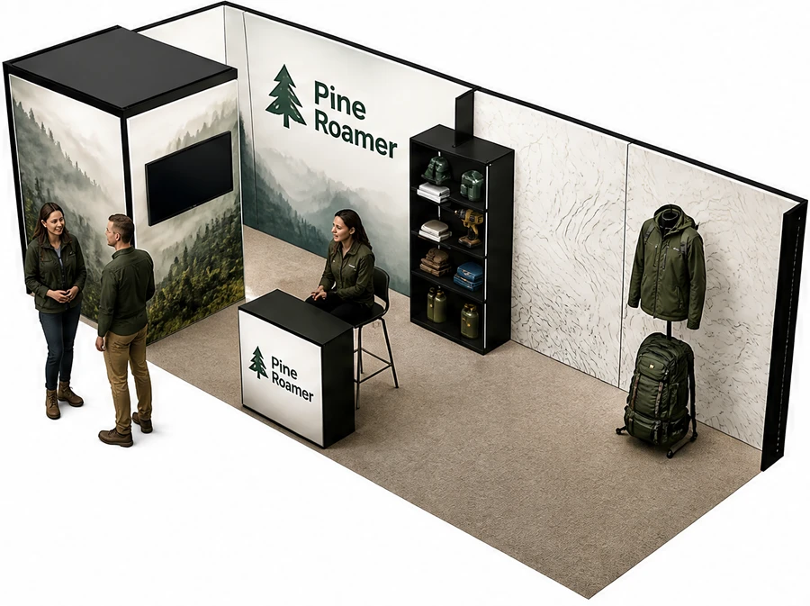 Stoisko 8 × 3 m narożne lewe dla branży odzież i sprzęt outdoorowy, przykładowa marka Pine Roamer