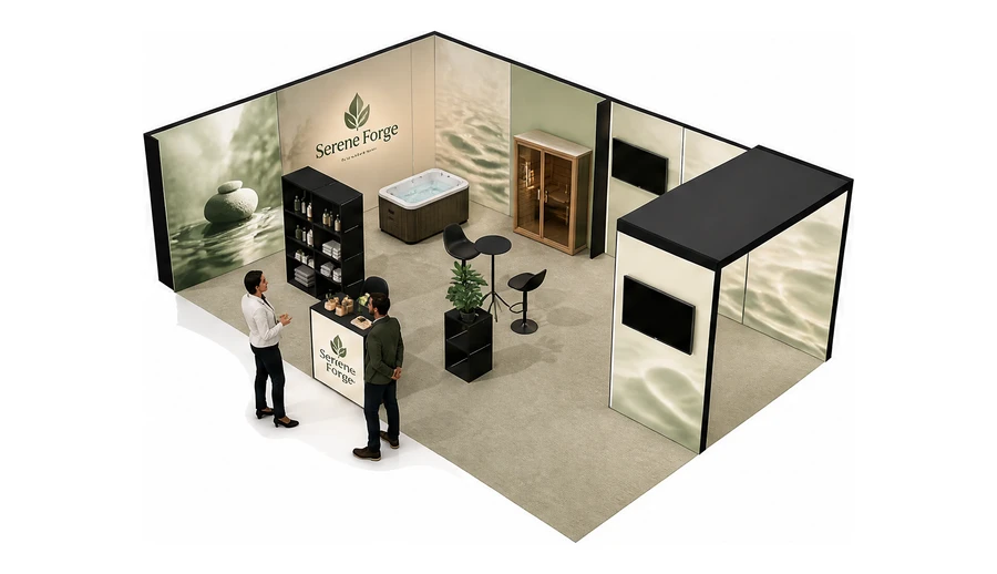 Stoisko 8 × 5 m narożne lewe dla branży spa i wellness, przykładowa marka Serene Forge