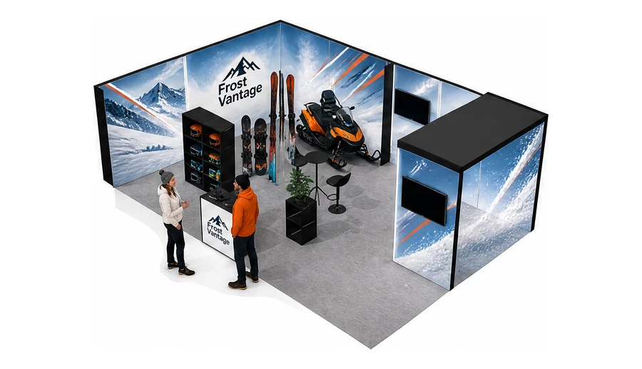 Stoisko 8 × 5 m narożne lewe dla branży narciarstwo i sporty zimowe, przykładowa marka Frost Vantage