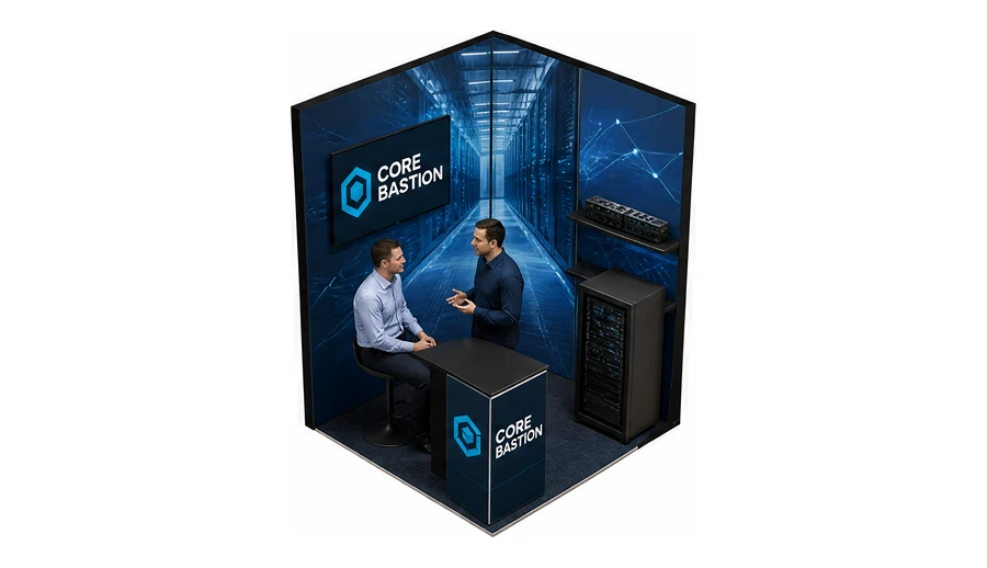Stoisko 2 × 2 m narożne prawe dla branży infrastruktura IT i data center, przykładowa marka Core Bastion