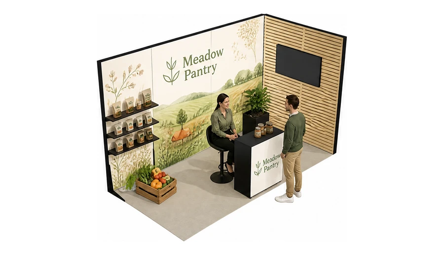 Stoisko 4 × 2 m narożne prawe dla branży żywność ekologiczna, przykładowa marka Meadow Pantry