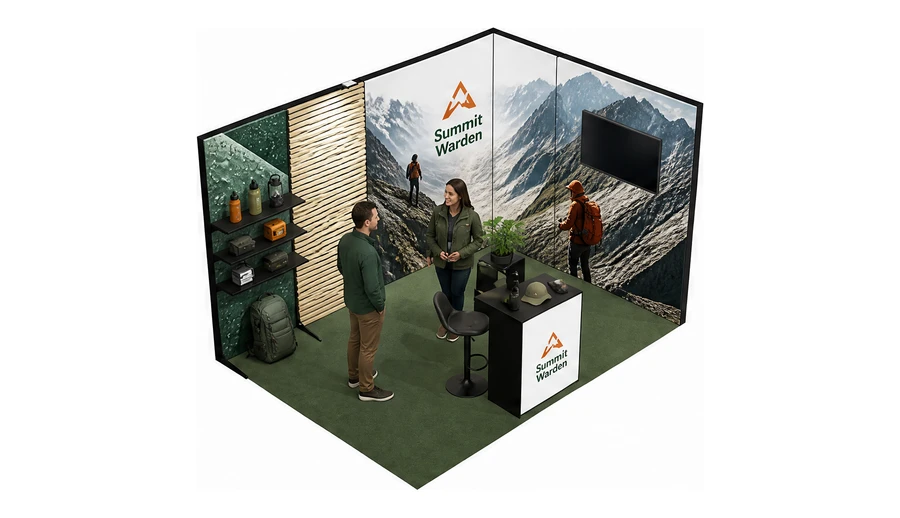 Stoisko 4 × 3 m narożne prawe dla branży odzież i sprzęt outdoorowy, przykładowa marka Summit Warden