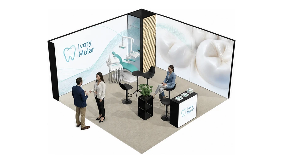Stoisko 5 × 5 m narożne prawe dla branży stomatologia, przykładowa marka Ivory Molar