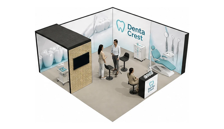 Stoisko 6 × 6 m narożne prawe dla branży stomatologia, przykładowa marka Denta Crest