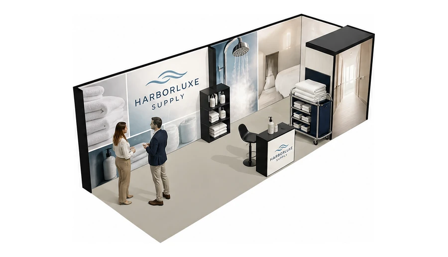 Stoisko 8 × 3 m narożne prawe dla branży wyposażenie hoteli, przykładowa marka Harborluxe Supply
