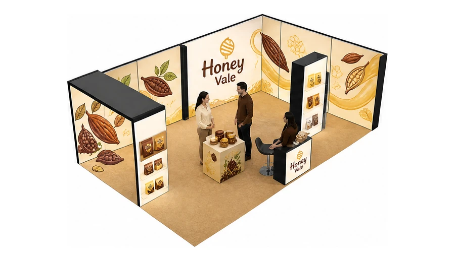 Stoisko 8 × 5 m narożne prawe dla branży słodycze i przekąski, przykładowa marka Honey Vale