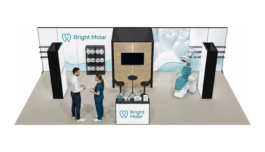 Stoisko 10 × 5 m półwyspowe dla branży stomatologia, przykładowa marka Bright Molar