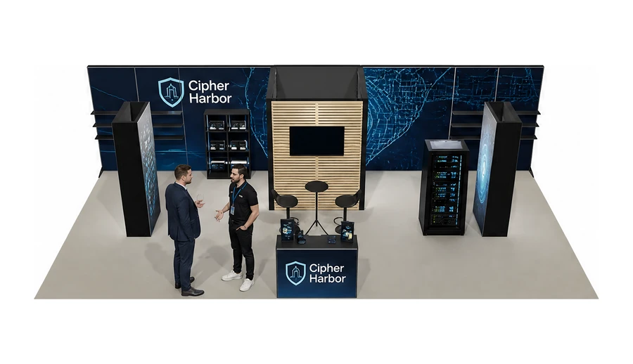 Stoisko 10 × 5 m półwyspowe dla branży cyberbezpieczeństwo, przykładowa marka Cipher Harbor