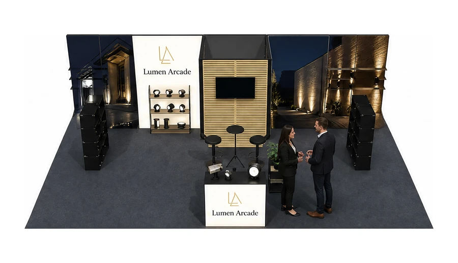 Stoisko 10 × 6 m półwyspowe dla branży oświetlenie, przykładowa marka Lumen Arcade