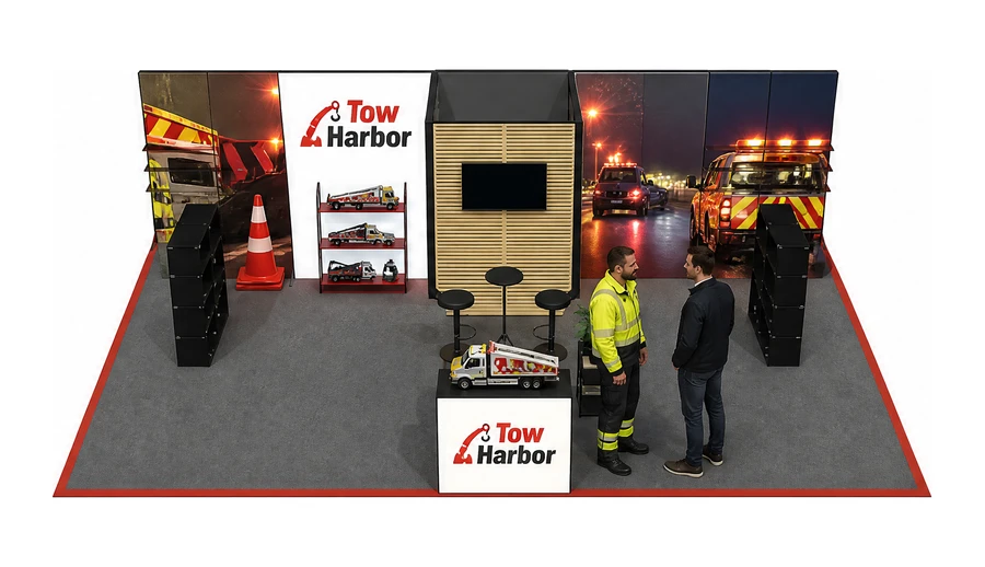 Stoisko 10 × 6 m półwyspowe dla branży pomoc drogowa i lawety, przykładowa marka Tow Harbor