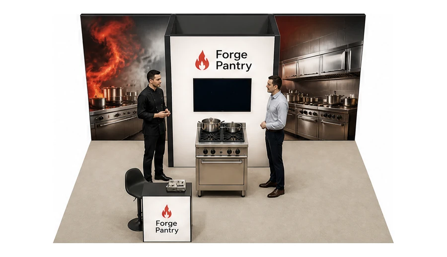 Stoisko 5 × 4 m półwyspowe dla branży wyposażenie gastronomii, przykładowa marka Forge Pantry