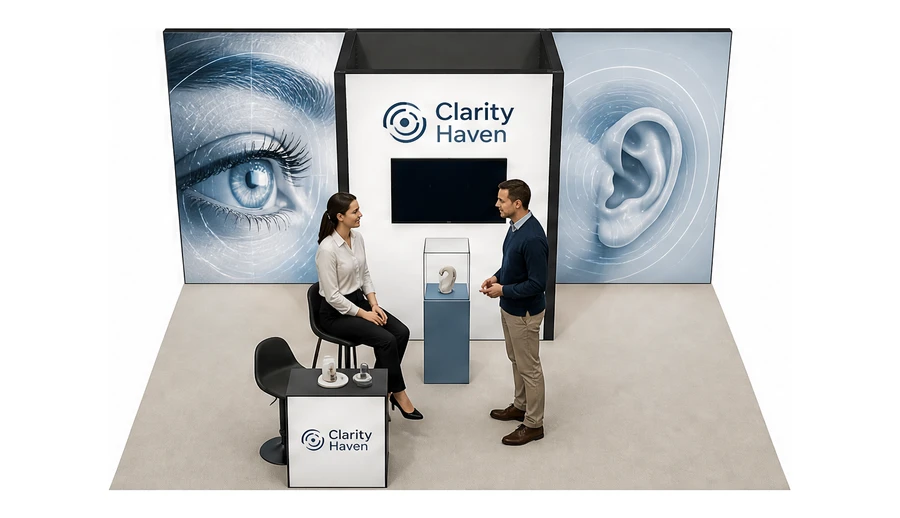 Stoisko 5 × 4 m półwyspowe dla branży optyka i audiologia, przykładowa marka Clarity Haven