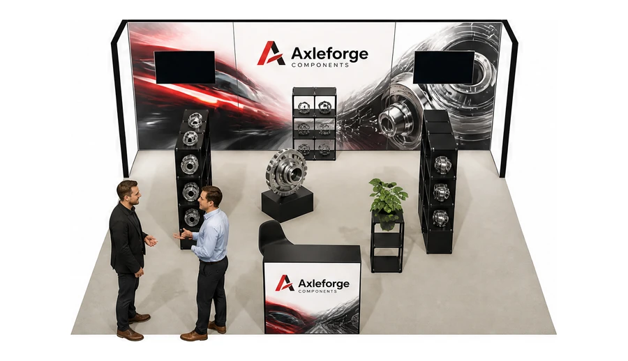Stoisko 6 × 5 m półwyspowe dla branży części motoryzacyjne, przykładowa marka Axleforge Components