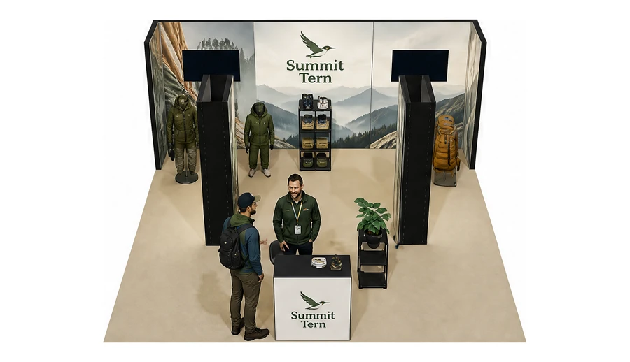 Stoisko 6 × 6 m półwyspowe dla branży odzież i sprzęt outdoorowy, przykładowa marka Summit Tern