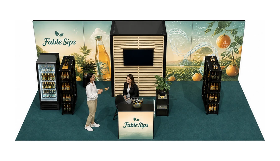 Stoisko 8 × 4 m półwyspowe dla branży napoje, przykładowa marka Fable Sips