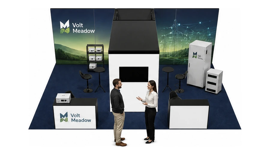 Stoisko 8 × 6 m półwyspowe dla branży magazyny energii, przykładowa marka Volt Meadow