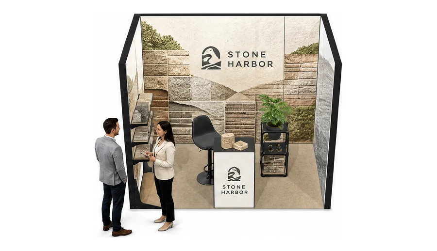 Stoisko 3 × 2 m szeregowe dla branży materiały budowlane, przykładowa marka Stone Harbor
