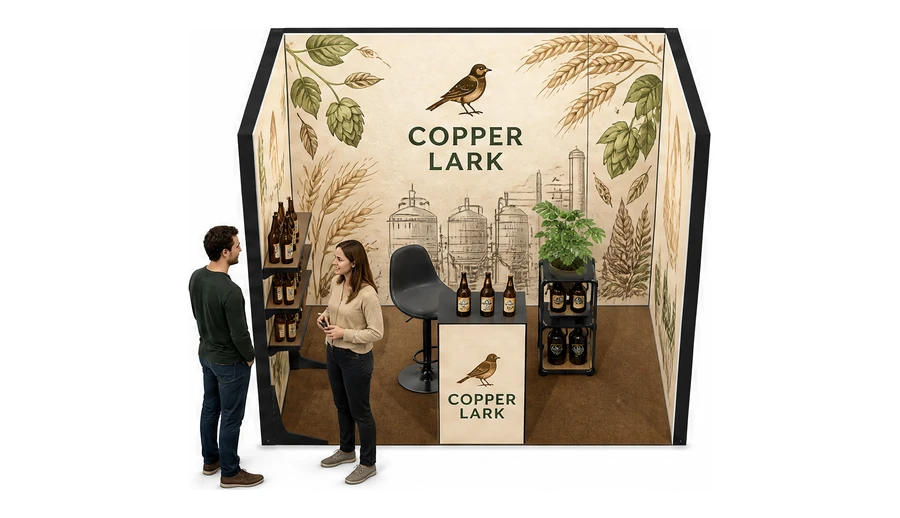 Stoisko 3 × 2 m szeregowe dla branży browar rzemieślniczy, przykładowa marka Copper Lark