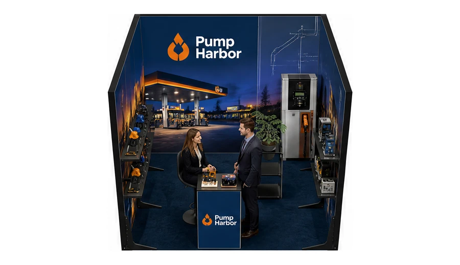 Stoisko 3 × 3 m szeregowe dla branży stacje paliw, przykładowa marka Pump Harbor