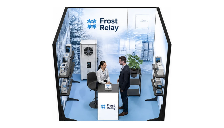 Stoisko 3 × 3 m szeregowe dla branży łańcuch chłodniczy, przykładowa marka Frost Relay