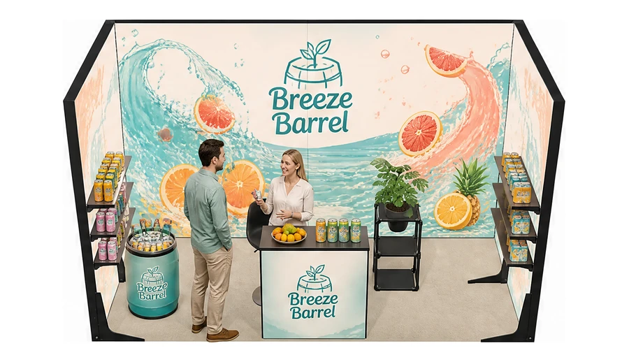 Stoisko 4 × 2 m szeregowe dla branży napoje, przykładowa marka Breeze Barrel