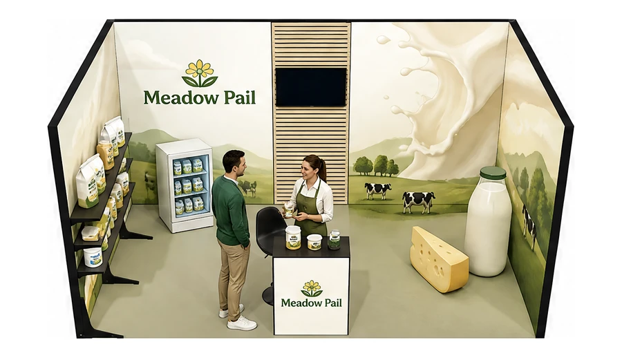 Stoisko 5 × 3 m szeregowe dla branży nabiał i mleczarstwo, przykładowa marka Meadow Pail