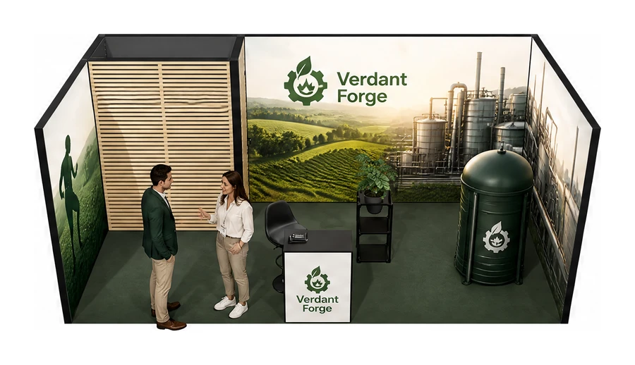 Stoisko 6 × 3 m szeregowe dla branży biogaz i OZE, przykładowa marka Verdant Forge