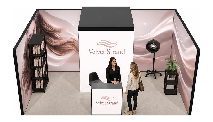 Stoisko 6 × 4 m szeregowe dla branży fryzjerstwo i salony beauty, przykładowa marka Velvet Strand