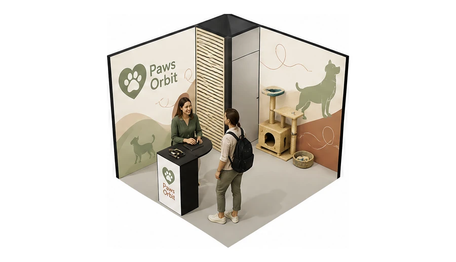 Stoisko 3 × 3 m narożne lewe dla branży akcesoria dla zwierząt, przykładowa marka Paws Orbit