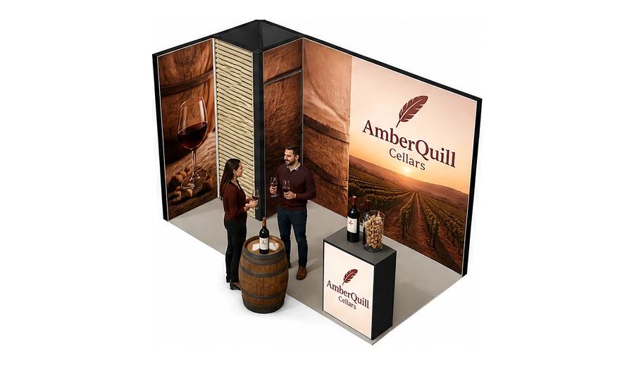 Stoisko 4 × 2 m narożne lewe dla branży winnica, przykładowa marka AmberQuill Cellars