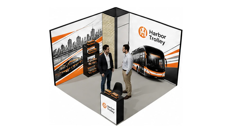 Stoisko 4 × 4 m narożne lewe dla branży autobusy i transport zbiorowy, przykładowa marka Harbor Trolley