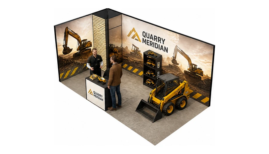Stoisko 5 × 3 m narożne lewe dla branży maszyny budowlane, przykładowa marka Quarry Meridian