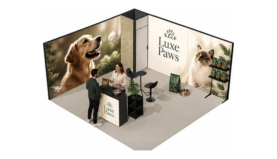 Stoisko 5 × 5 m narożne lewe dla branży karma dla zwierząt, przykładowa marka Luxe Paws