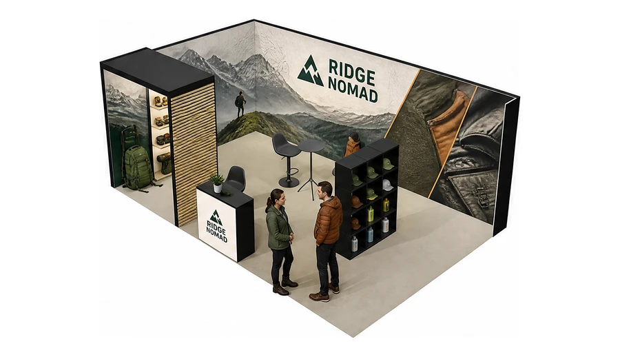 Stoisko 6 × 4 m narożne lewe dla branży odzież i sprzęt outdoorowy, przykładowa marka Ridge Nomad