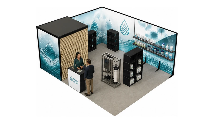 Stoisko 6 × 5 m narożne lewe dla branży technologie wodne, przykładowa marka Aqua Lattice