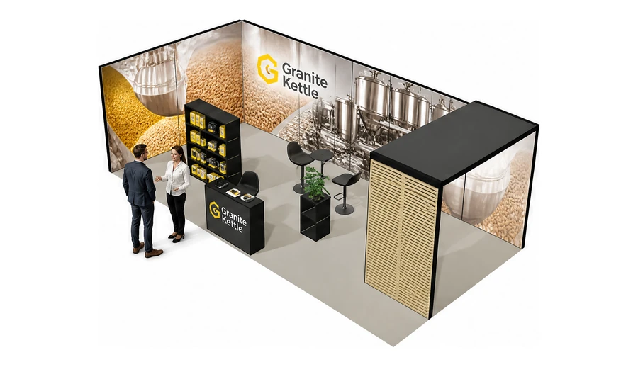 Stoisko 8 × 4 m narożne lewe dla branży technologie spożywcze, przykładowa marka Granite Kettle