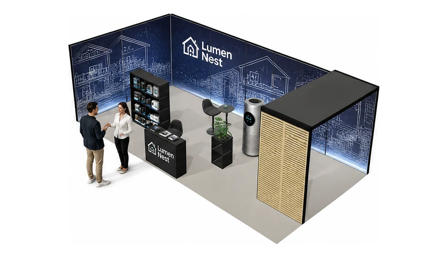 Stoisko 8 × 4 m narożne lewe dla branży smart home i IoT, przykładowa marka Lumen Nest