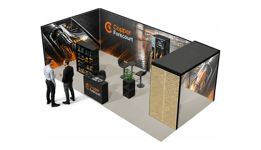 Stoisko 8 × 4 m narożne lewe dla branży stacje paliw, przykładowa marka Copper Forecourt