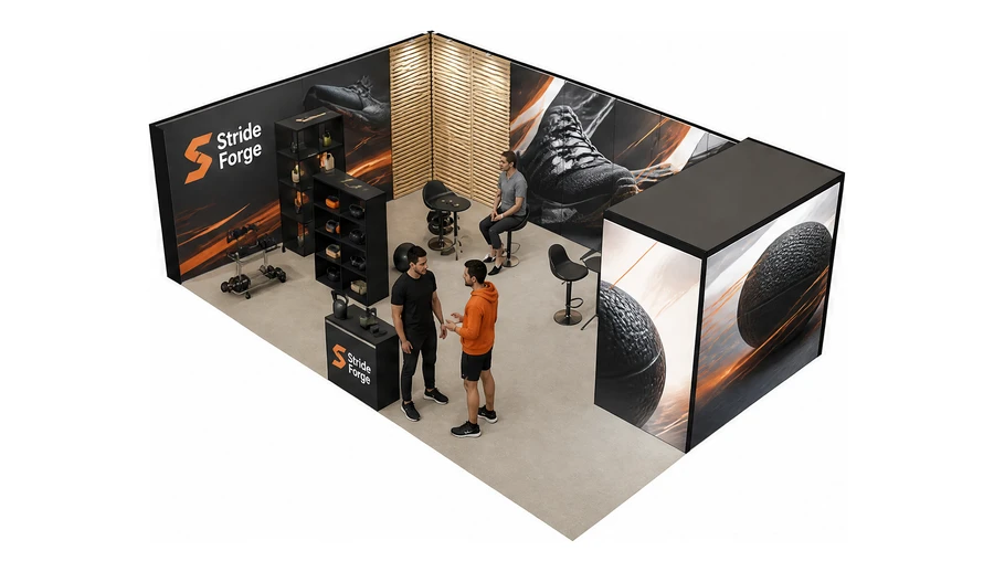 Stoisko 8 × 5 m narożne lewe dla branży sprzęt sportowy, przykładowa marka Stride Forge