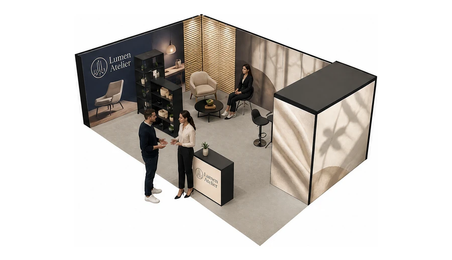 Stoisko 8 × 5 m narożne lewe dla branży meble designerskie, przykładowa marka Lumen Atelier