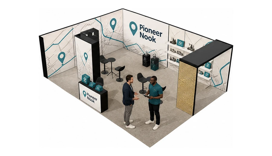 Stoisko 8 × 6 m narożne lewe dla branży franczyza i sieci, przykładowa marka Pioneer Nook