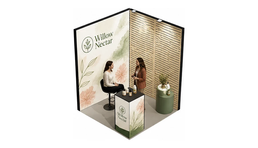 Stoisko 2 × 2 m narożne prawe dla branży kosmetyki naturalne, przykładowa marka Willow Nectar