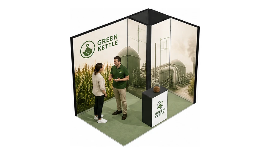 Stoisko 3 × 2 m narożne prawe dla branży biogaz i OZE, przykładowa marka Green Kettle