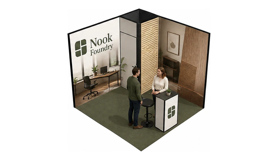 Stoisko 3 × 3 m narożne prawe dla branży meble biurowe, przykładowa marka Nook Foundry